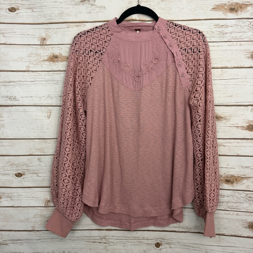 Free People Pink Embroidered Lace Sweetest Thing Thermal Blouse